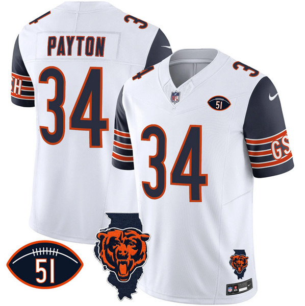 Men's Chicago Bears #34 Walter Payton White/Navy F.U.S.E. With Illinois and No. 51 Patch Stitched Football Jersey Men's Chicago Bears #34 Walter Payton White/Navy F.U.S.E. With Illinois and No. 51 Patch Stitched Football Jersey